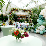 baby shower with balloons and flowers