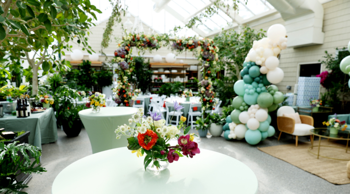 baby shower with balloons and flowers